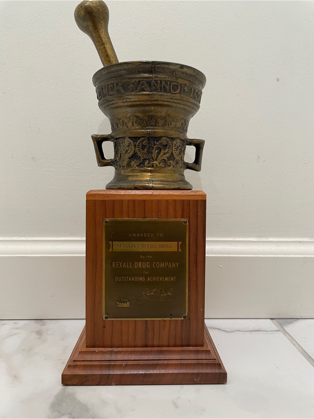 Vintage 1956 Rexall Drug Co Trophy Mortar Pestle Pharmacy Award Dodge Inc